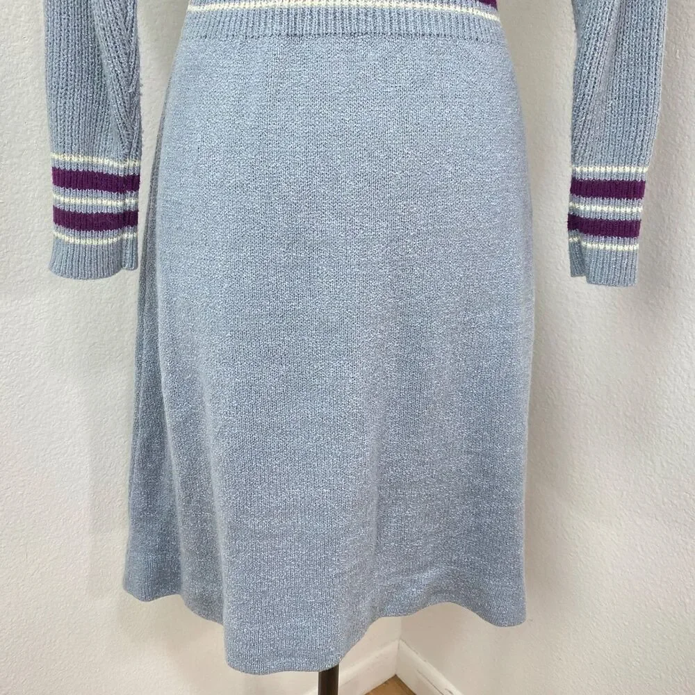 Vintage Gray Knit A-Line Knee Length Dress Med Turtleneck Long Sleeves Academia